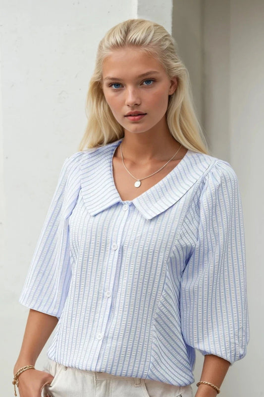 Striped Button Down 3/4 Sleeve Shirt