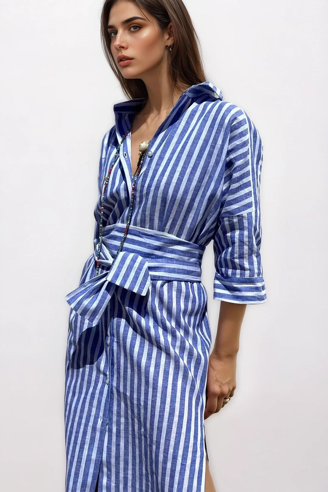 Tied Button Up Three-Quarter Sleeve Dress