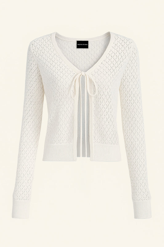 Tied Openwork V-Neck Long Sleeve Cardigan