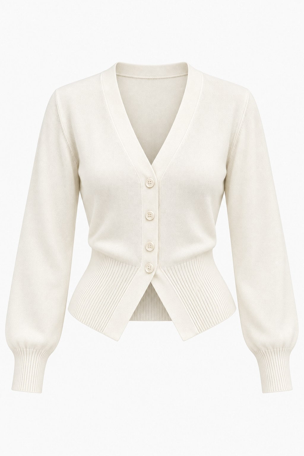 An off-white cream knit cardigan sweater with a V-neck, button-front closure, and ribbed trim, shown on a plain white background.