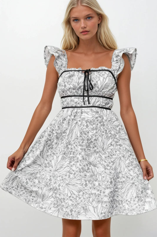 Floral Print Pipping Trim Ruffled Cap Sleeve Mini Dress