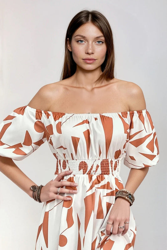 Printed Off-Shoulder Smocked Waist Dress