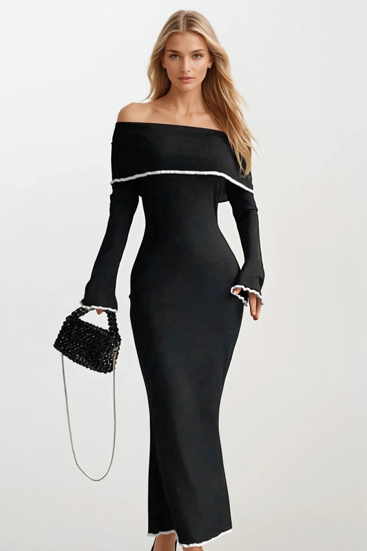 Contrast Trim Off-Shoulder Long Sleeve Maxi Sweater Dress