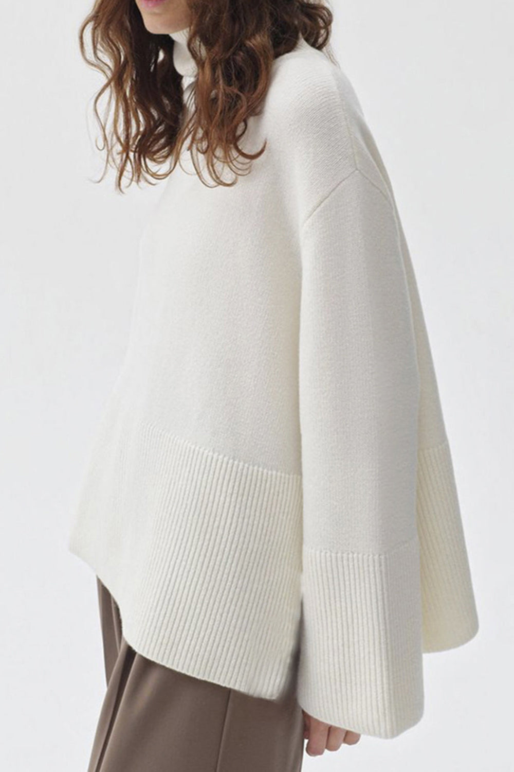 Side Slit Turtleneck Drop Shoulder Sweater
