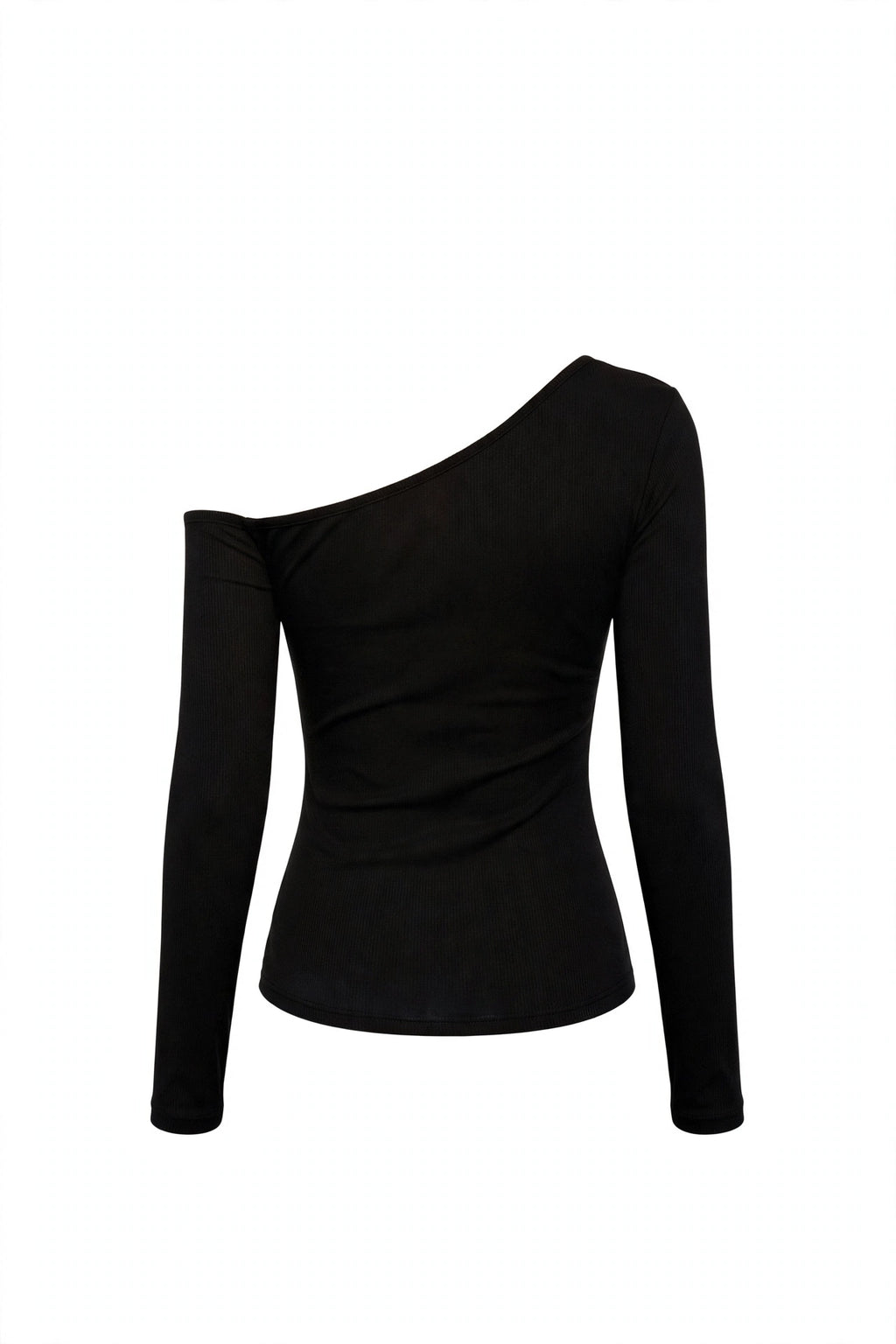A black long-sleeve top with an asymmetrical off-the-shoulder design, shown against a plain white background.