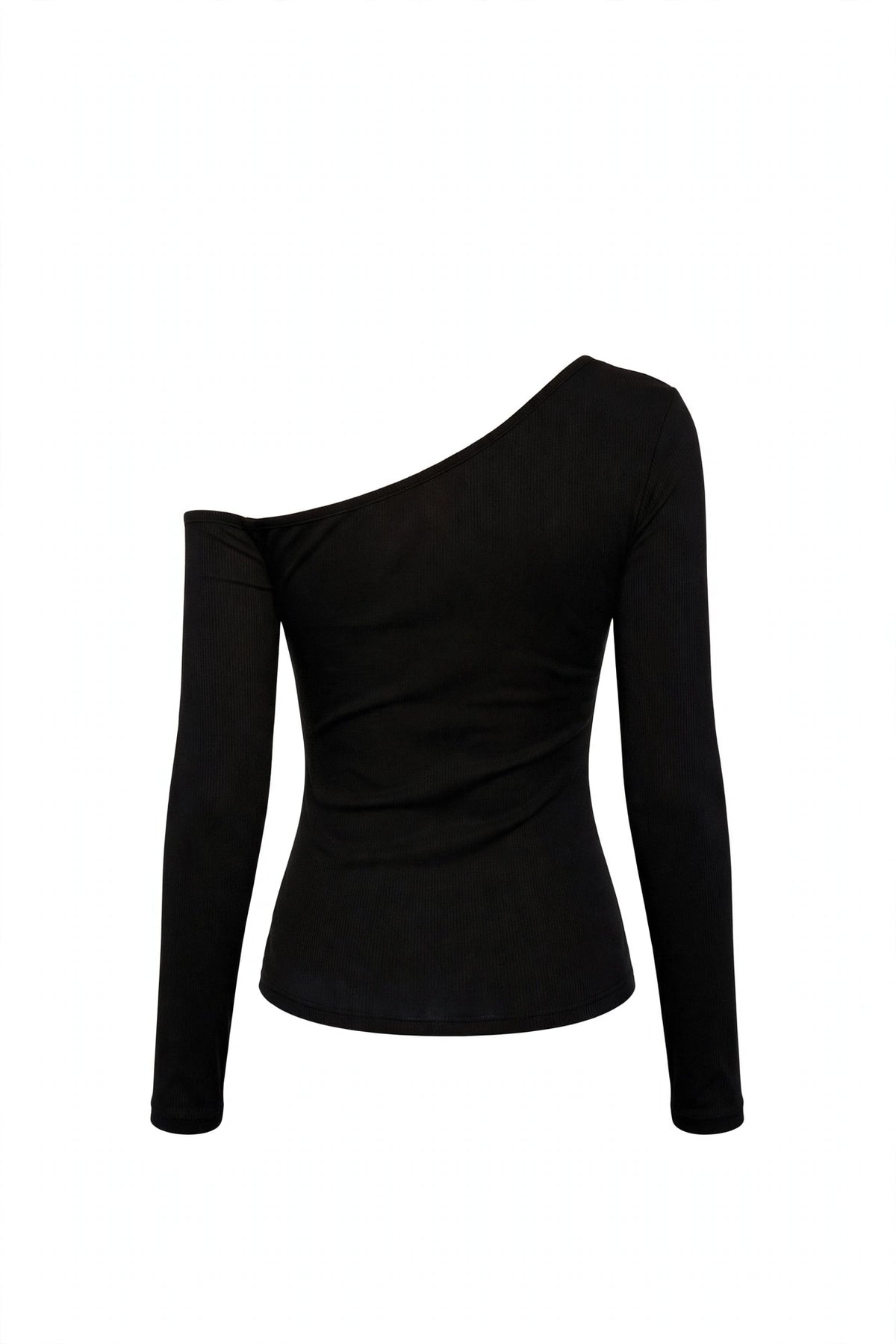 A black long-sleeve top with an asymmetrical off-the-shoulder design, shown against a plain white background.