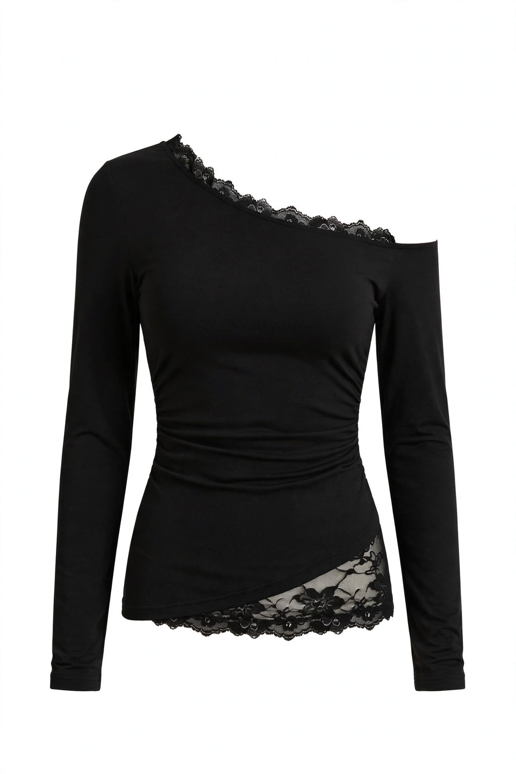 A black long-sleeve top with an asymmetrical one-shoulder design, featuring a scalloped lace trim along the neckline and a matching lace panel at the hem.