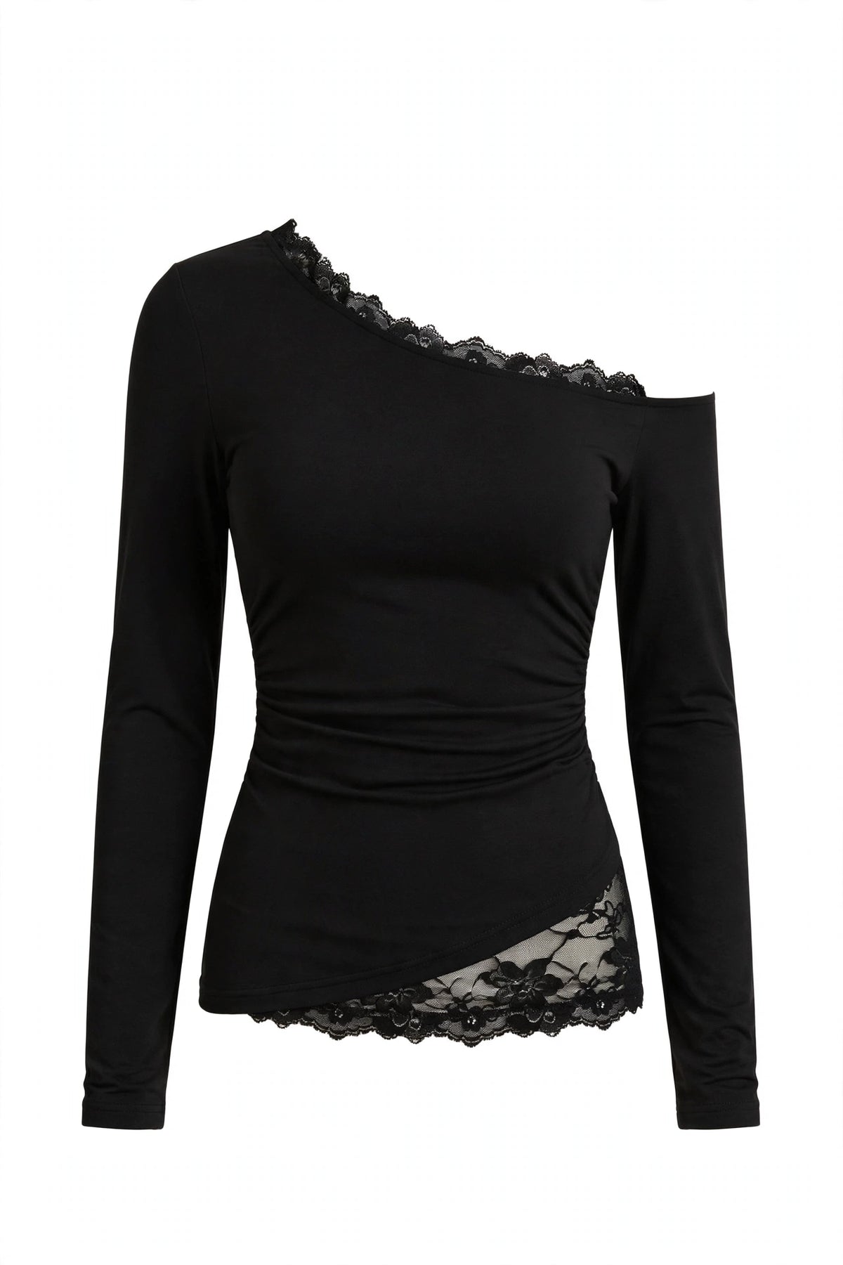 A black long-sleeve top with an asymmetrical one-shoulder design, featuring a scalloped lace trim along the neckline and a matching lace panel at the hem.