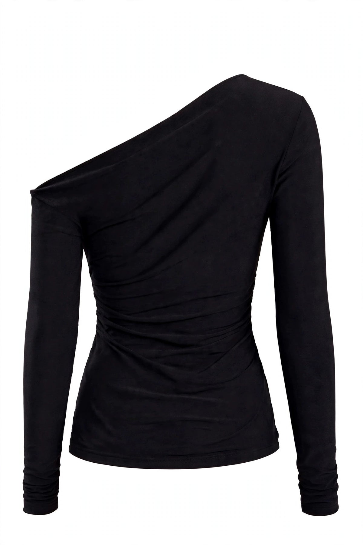 A black long-sleeve top with an asymmetrical one-shoulder design and gathered ruching at the waist, shown on a plain white background.