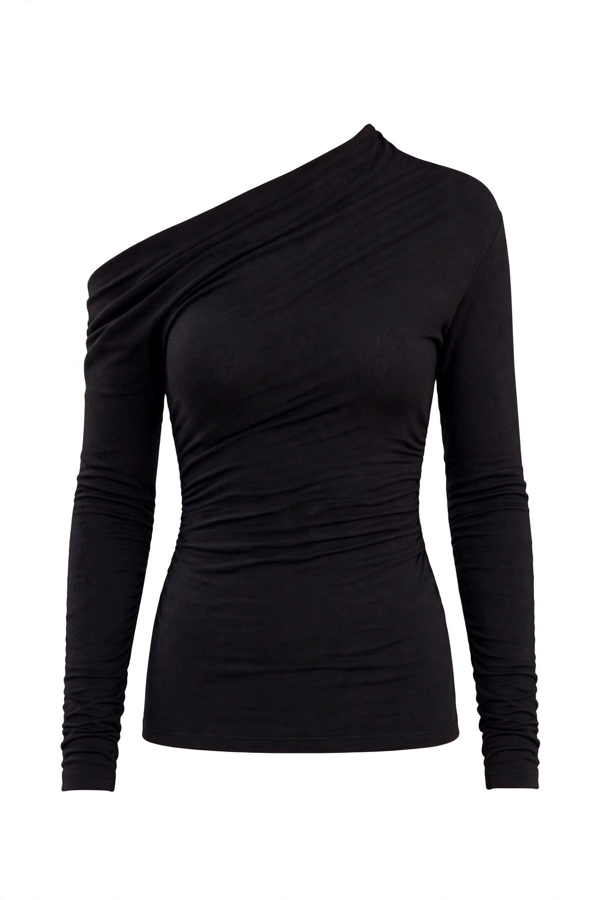 A black long-sleeve top with an asymmetrical, draped off-the-shoulder design and ruched detailing, shown on a plain white background.