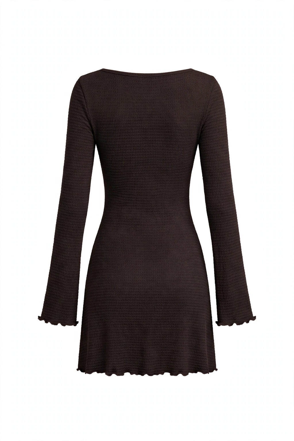 A dark brown ribbed knit long-sleeve dress with a boat neckline and scalloped cuffs, shown against a plain white background.