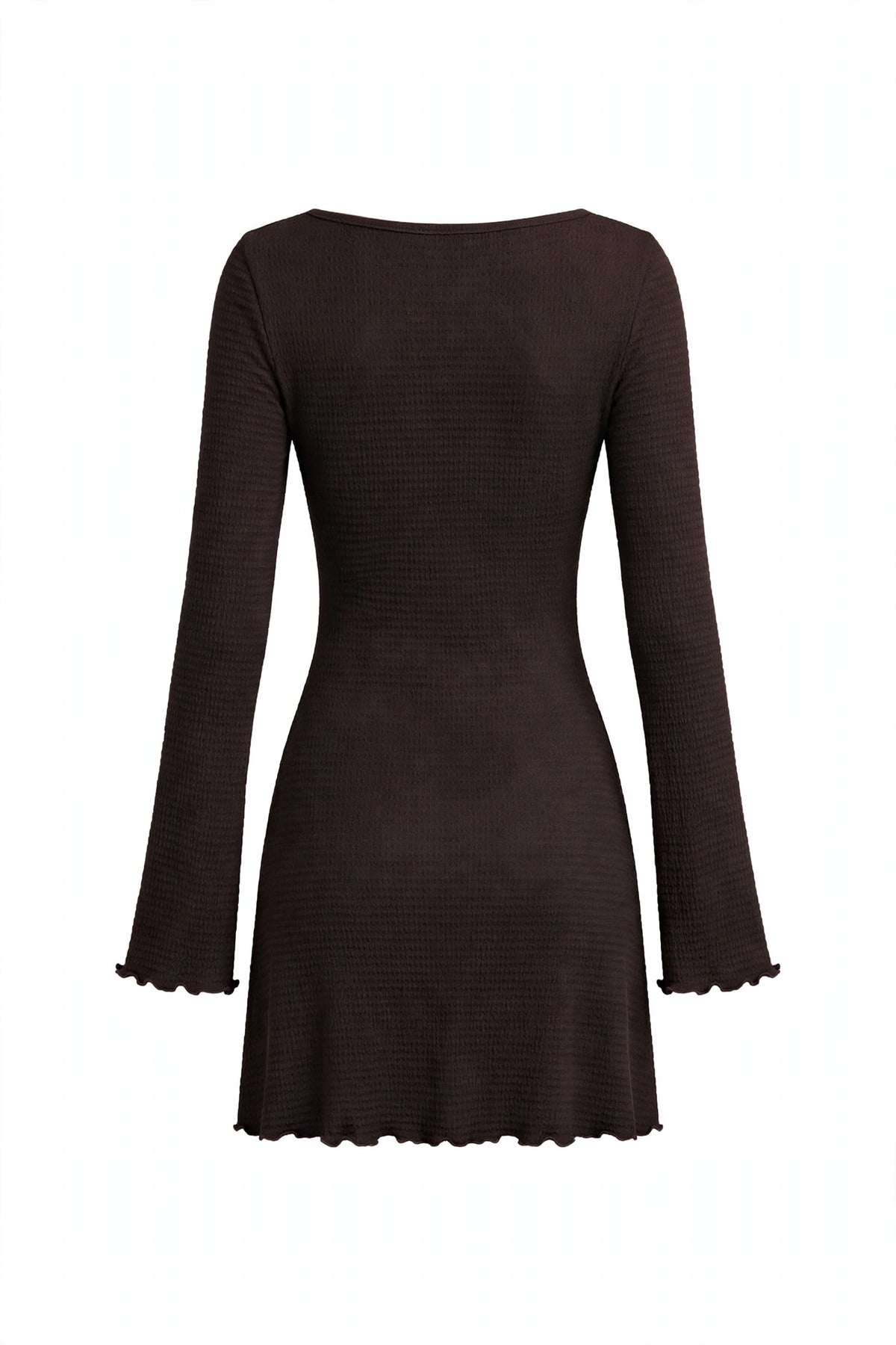 A dark brown ribbed knit long-sleeve dress with a boat neckline and scalloped cuffs, shown against a plain white background.