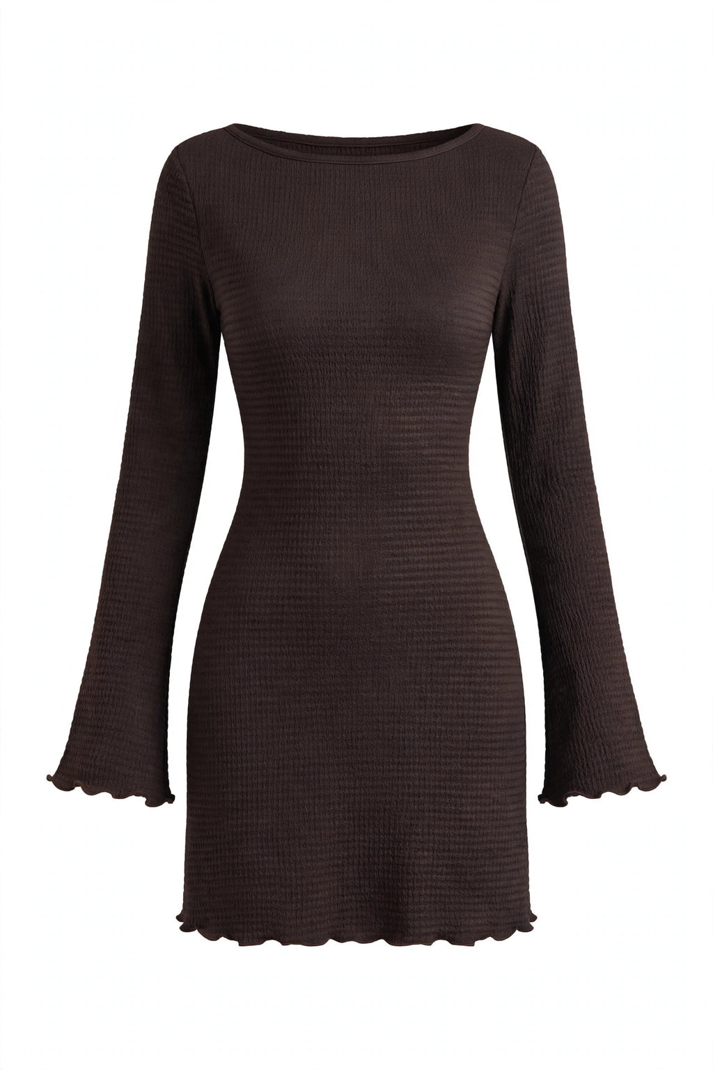 A dark brown ribbed knit long-sleeve dress with a boat neckline and scalloped flared cuffs, shown against a plain white background.