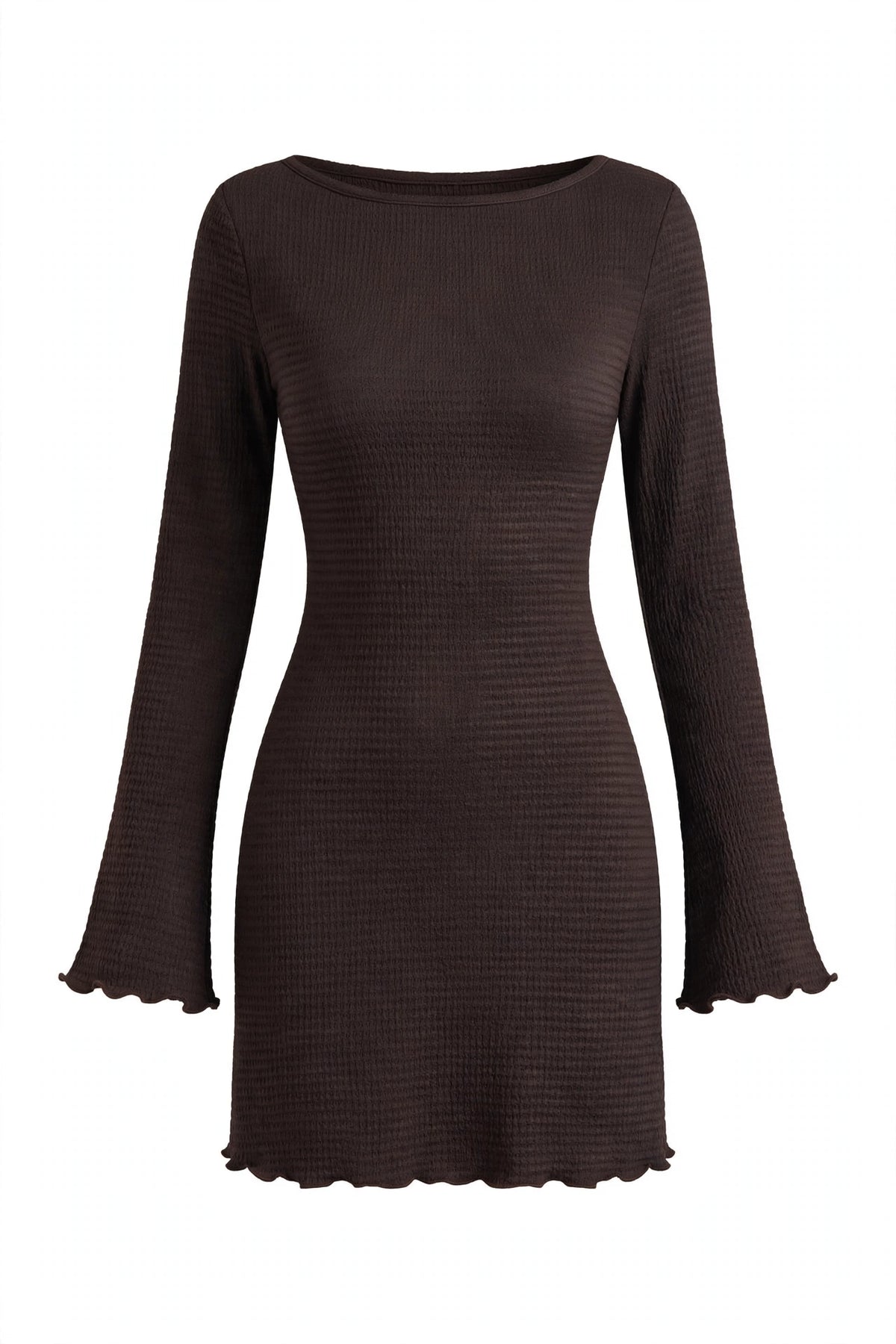 A dark brown ribbed knit long-sleeve dress with a boat neckline and scalloped flared cuffs, shown against a plain white background.