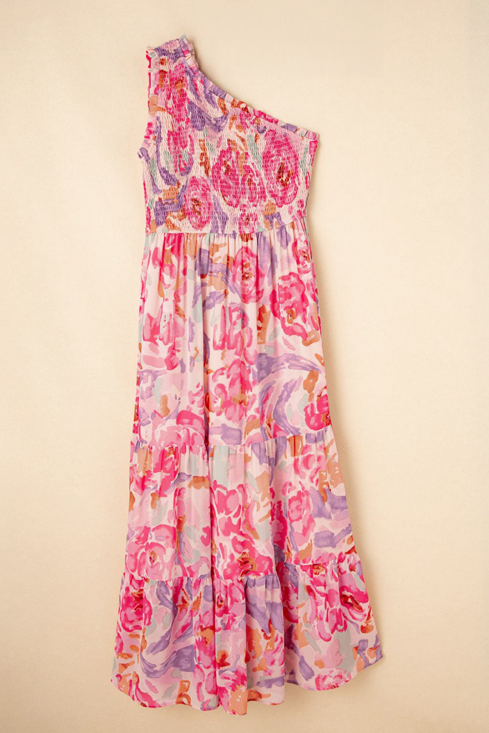 Floral Print Shirred One Shoulder Maxi Dress