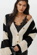 Waffle-Knit V-Neck Striped Long Sleeve Cardigan