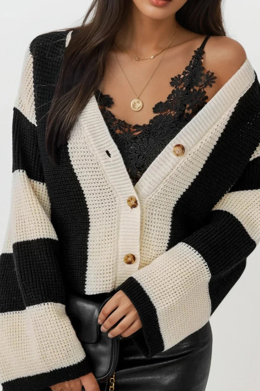 Waffle-Knit V-Neck Striped Long Sleeve Cardigan