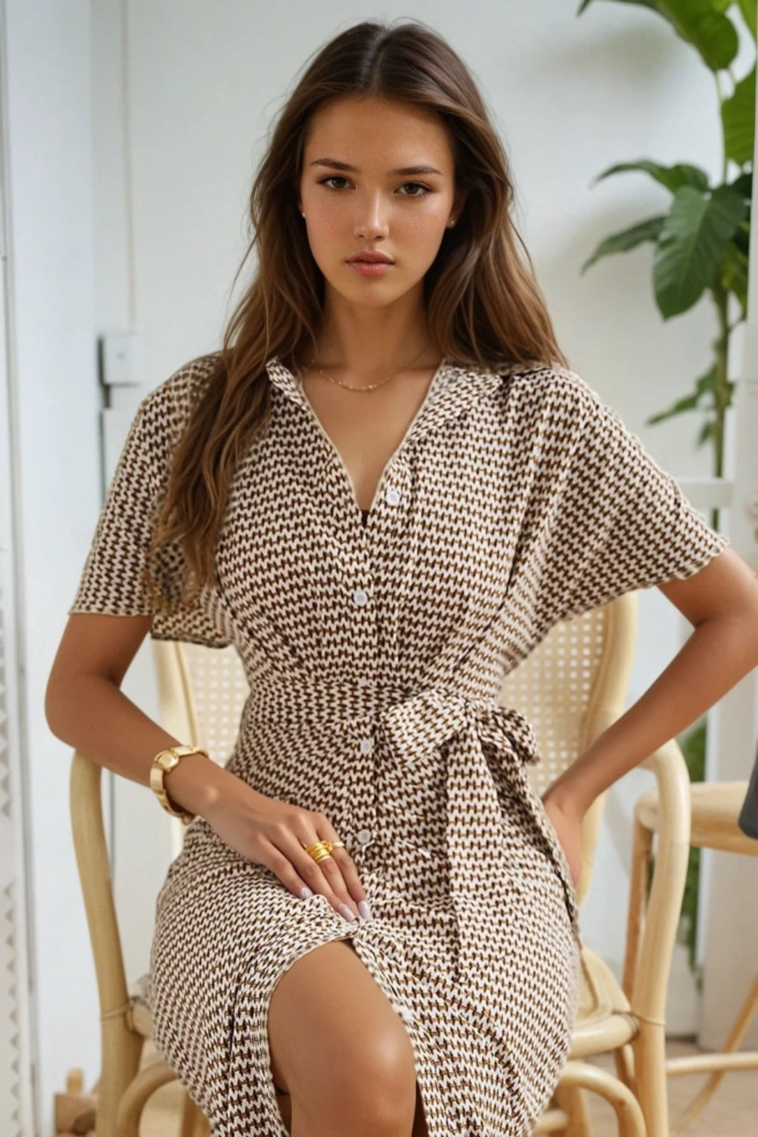 Collared Neck Short Sleeve Midi Shirt Dress