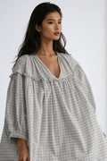 Frill Plaid Notched Balloon Sleeve Mini Dress
