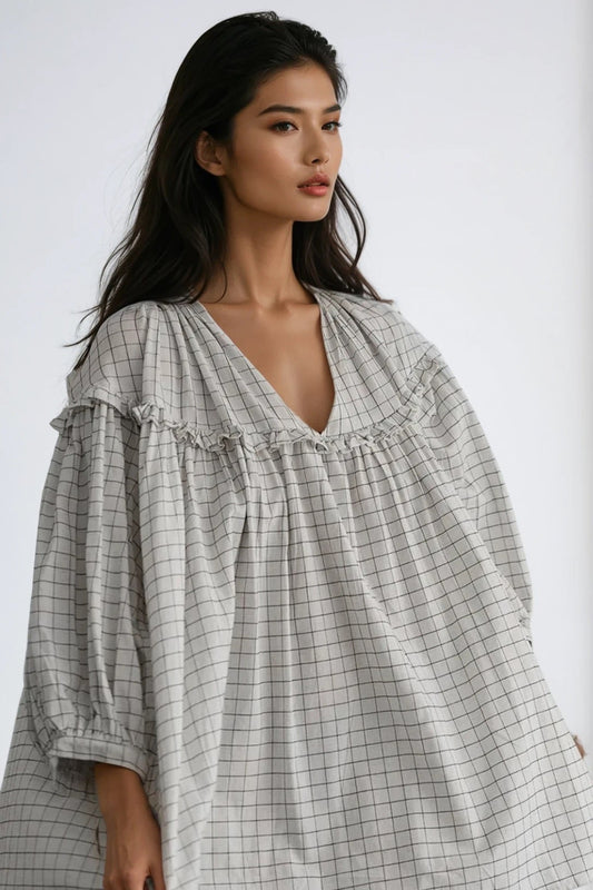 Frill Plaid Notched Balloon Sleeve Mini Dress