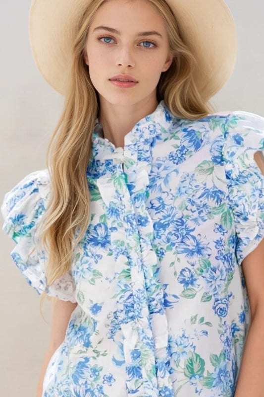 Floral Print Ruffle Sleeve Frilly Button Up Shirt