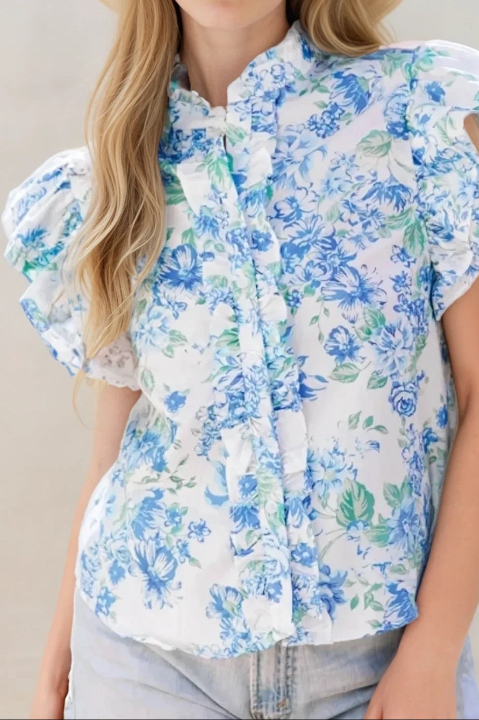 Floral Print Ruffle Sleeve Frilly Button Up Shirt