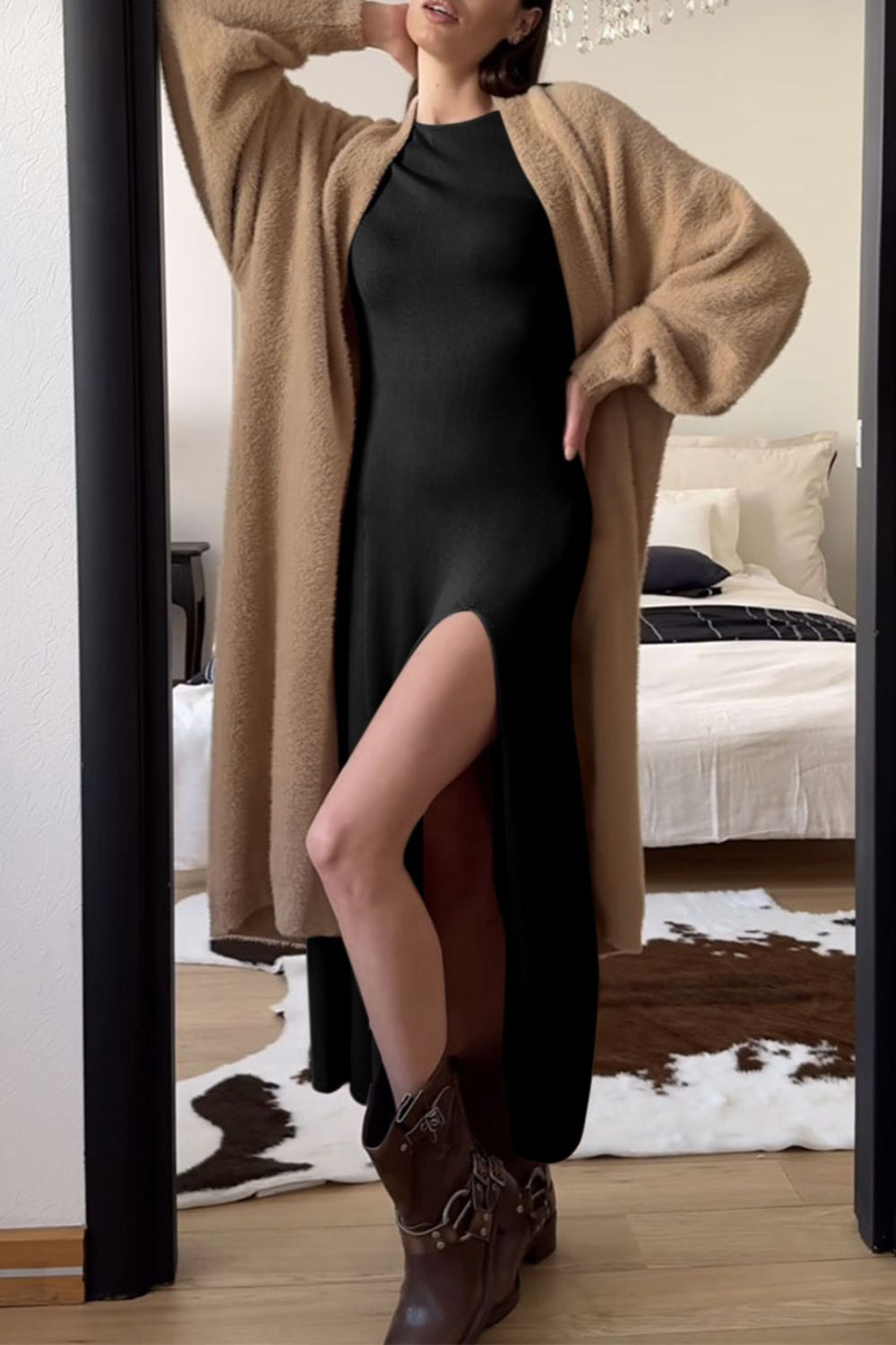 Side Slit Round Neck Long Sleeve Dress