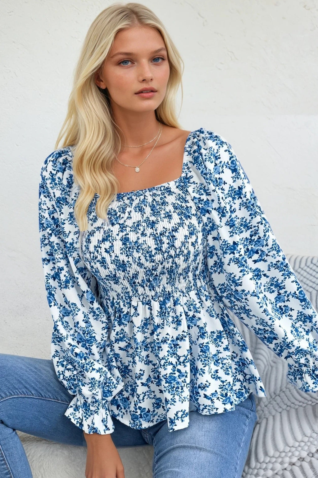 Floral Square Neck Flounce Sleeve Blouse
