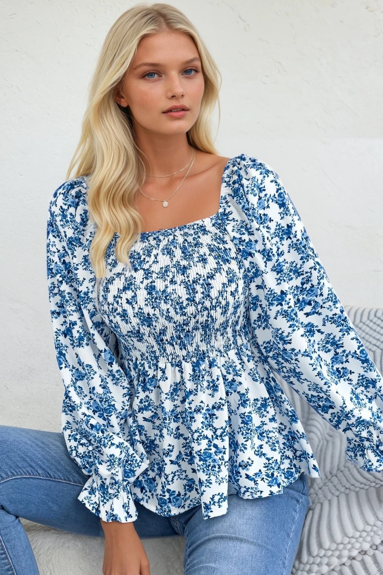 Floral Square Neck Flounce Sleeve Blouse