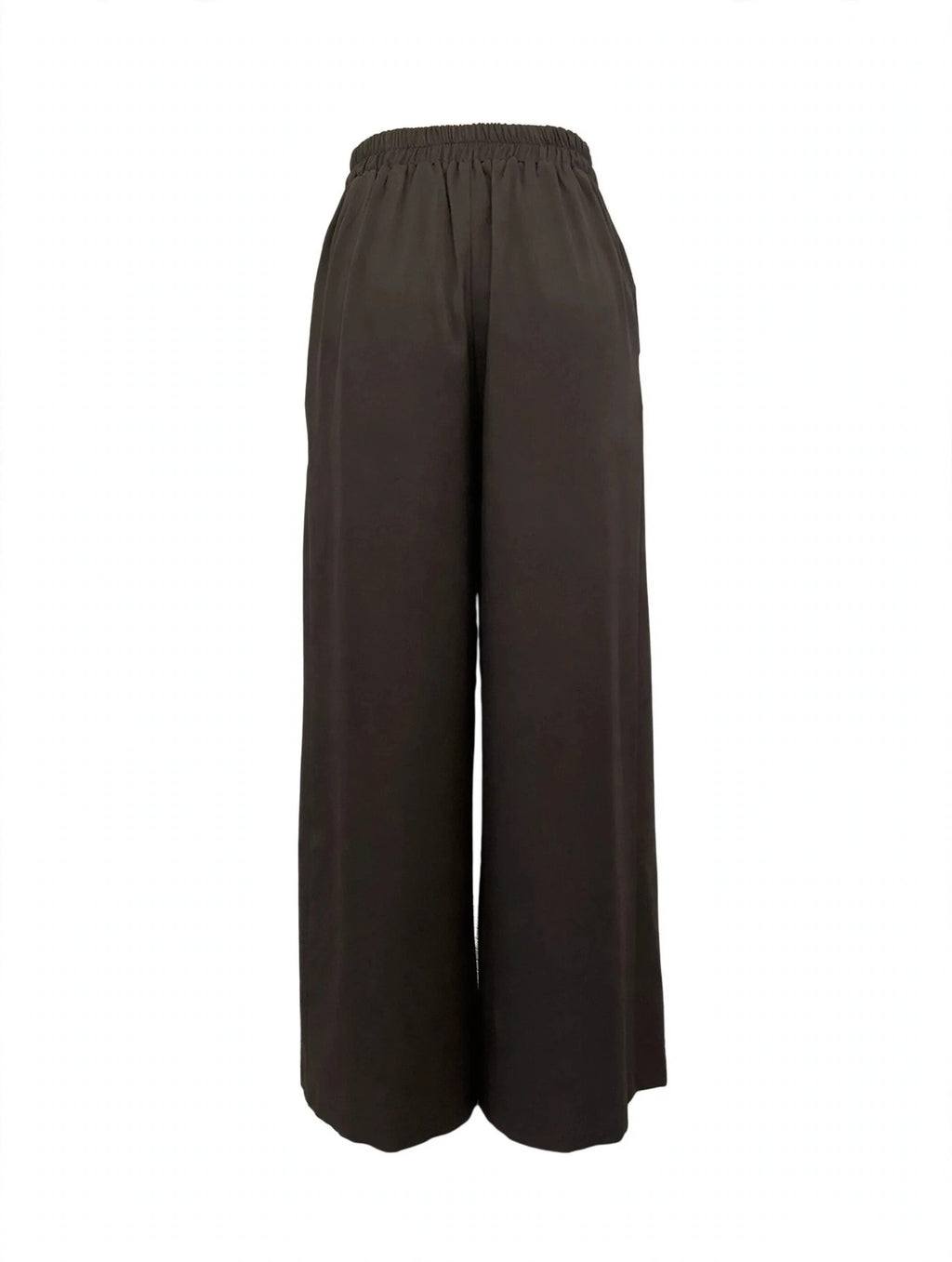 A pair of dark brown wide-leg cropped pants with an elastic waistband, shown against a plain white background.