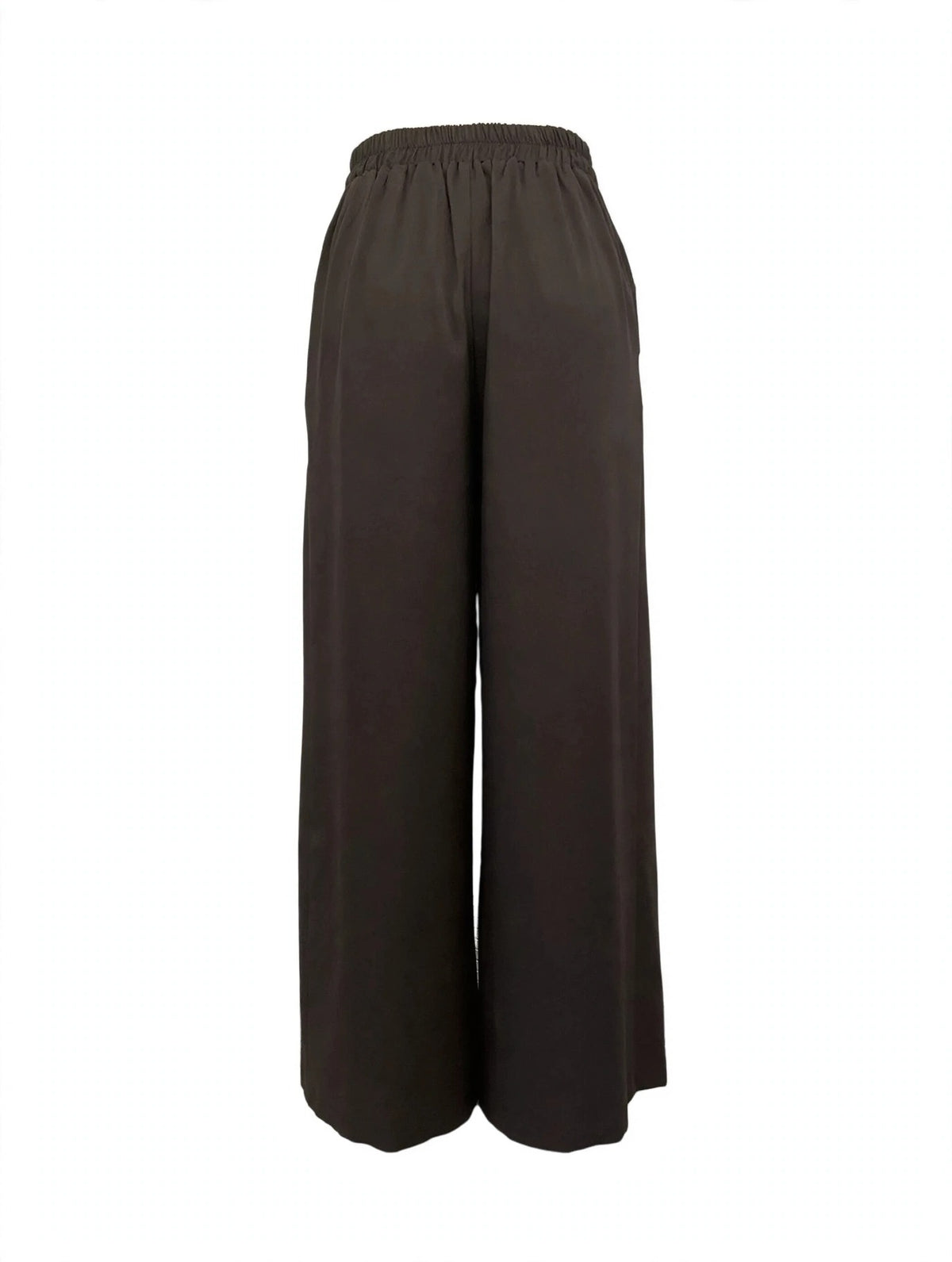 A pair of dark brown wide-leg cropped pants with an elastic waistband, shown against a plain white background.