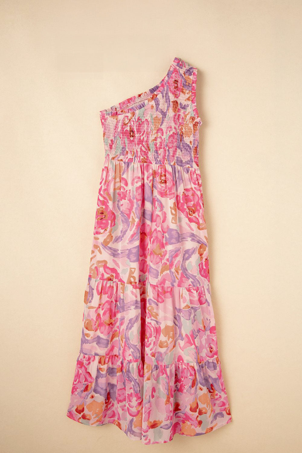 Floral Print Shirred One Shoulder Maxi Dress