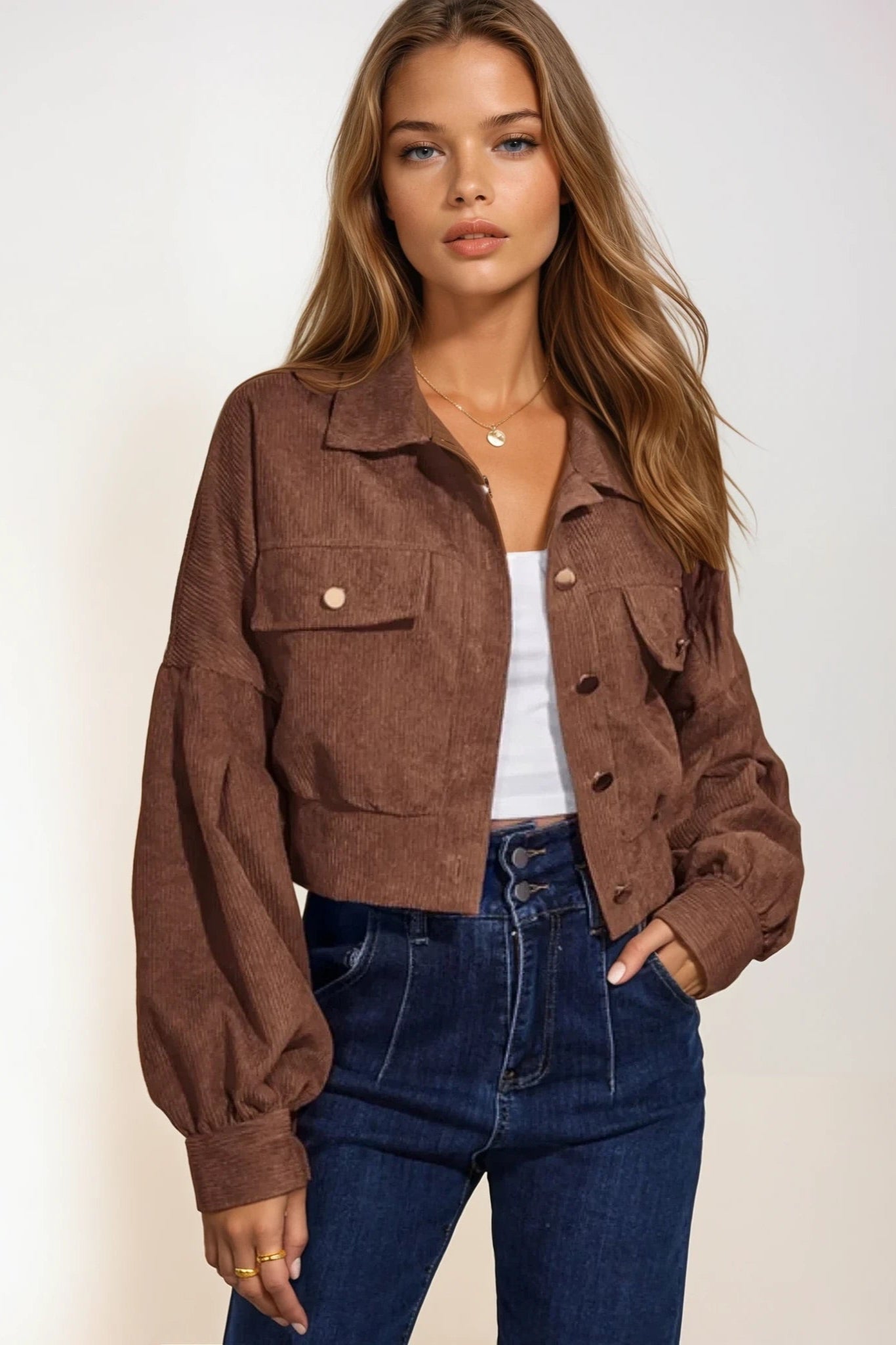 Button Down Collared Neck Cropped Jacket