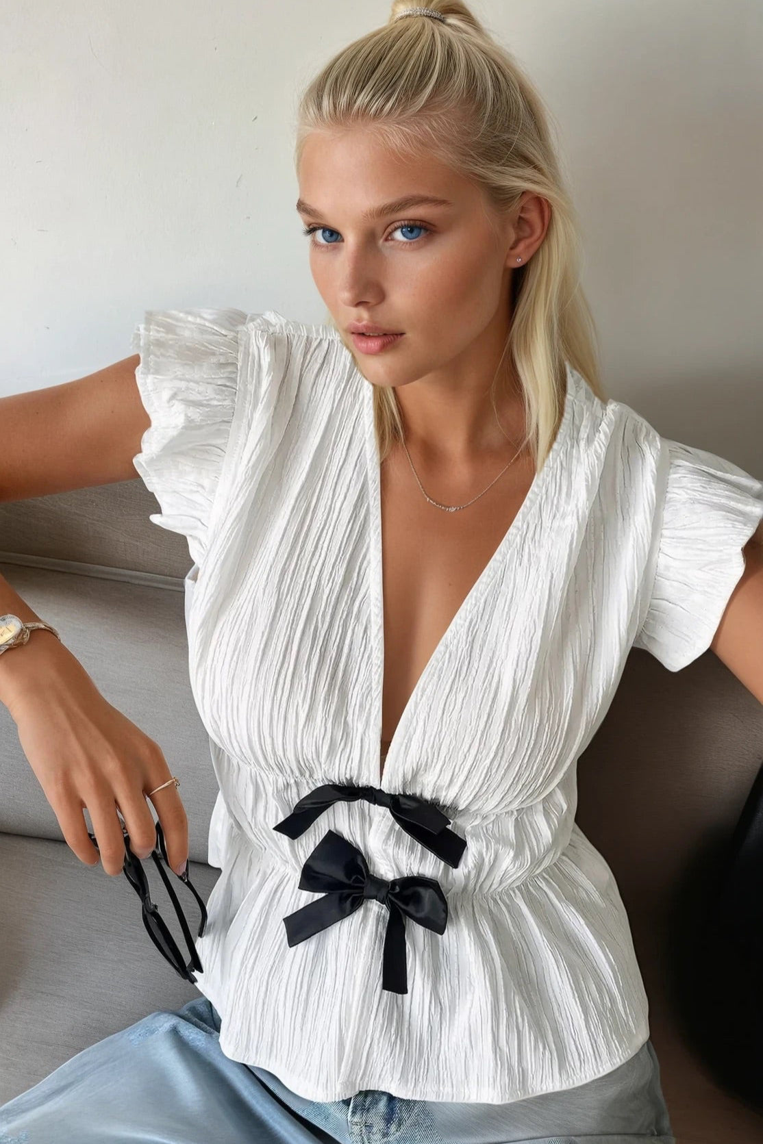 Bow V-Neck Cap Sleeve Blouse