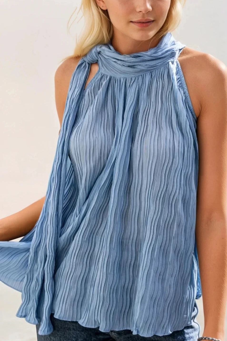 Textured Pleated Tied Mock Neck Flowy Tank Top