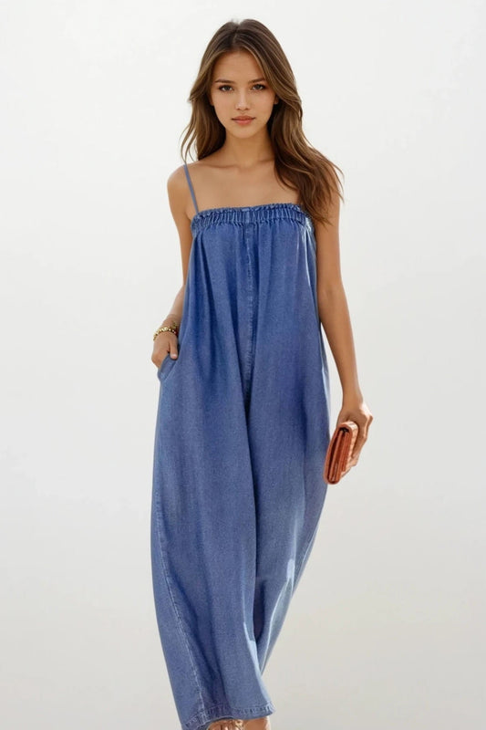 Spaghetti Strap Wide Leg Denim Jumpsuit