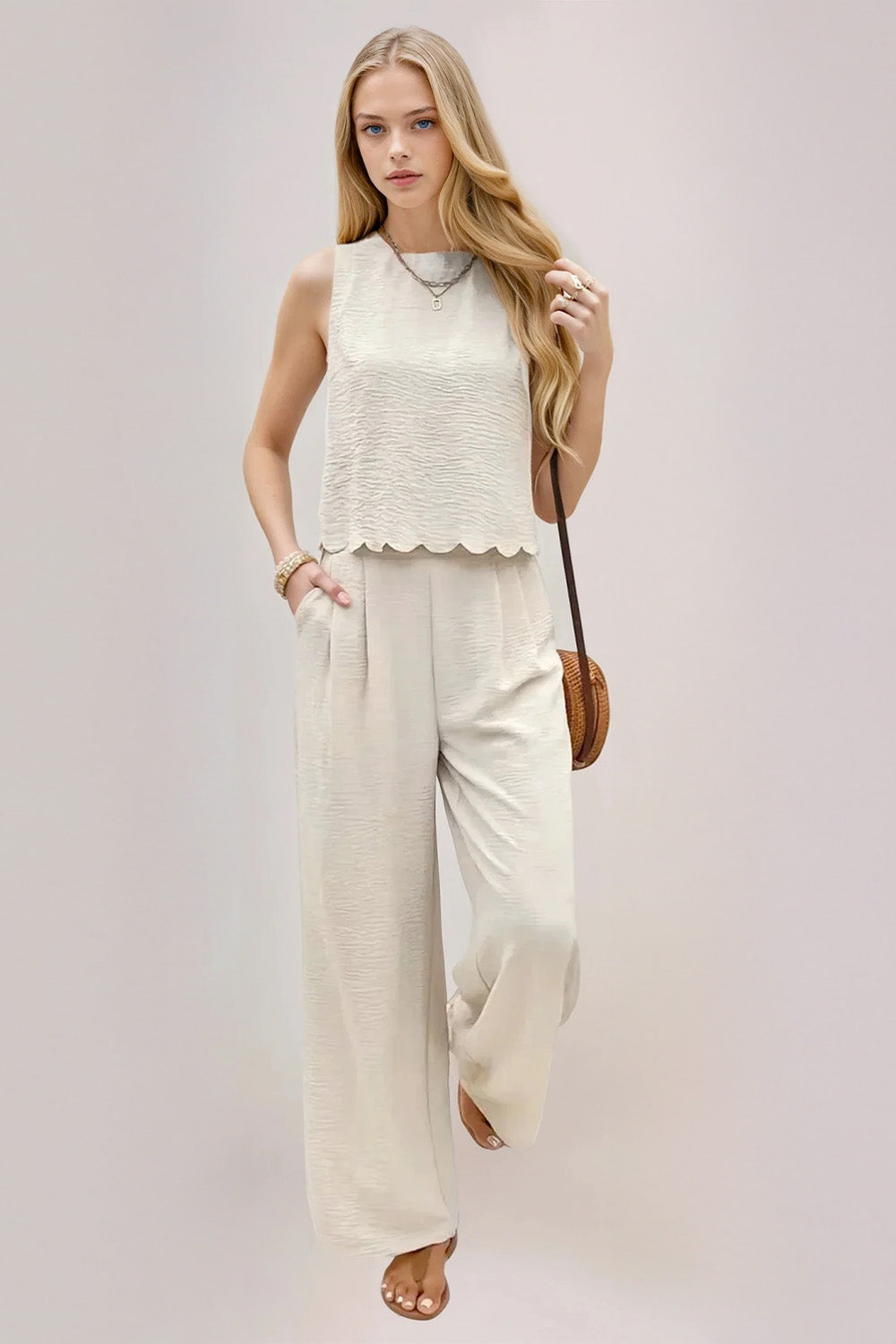 Tie Back Round Neck Top and Pants Set