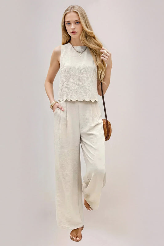 Tie Back Round Neck Top and Pants Set