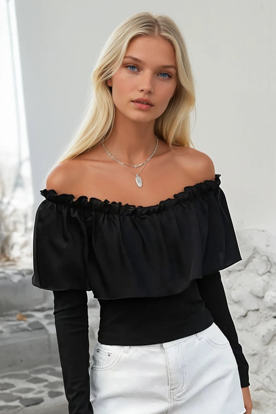 Ruffled Off-Shoulder Long Sleeve Blouse