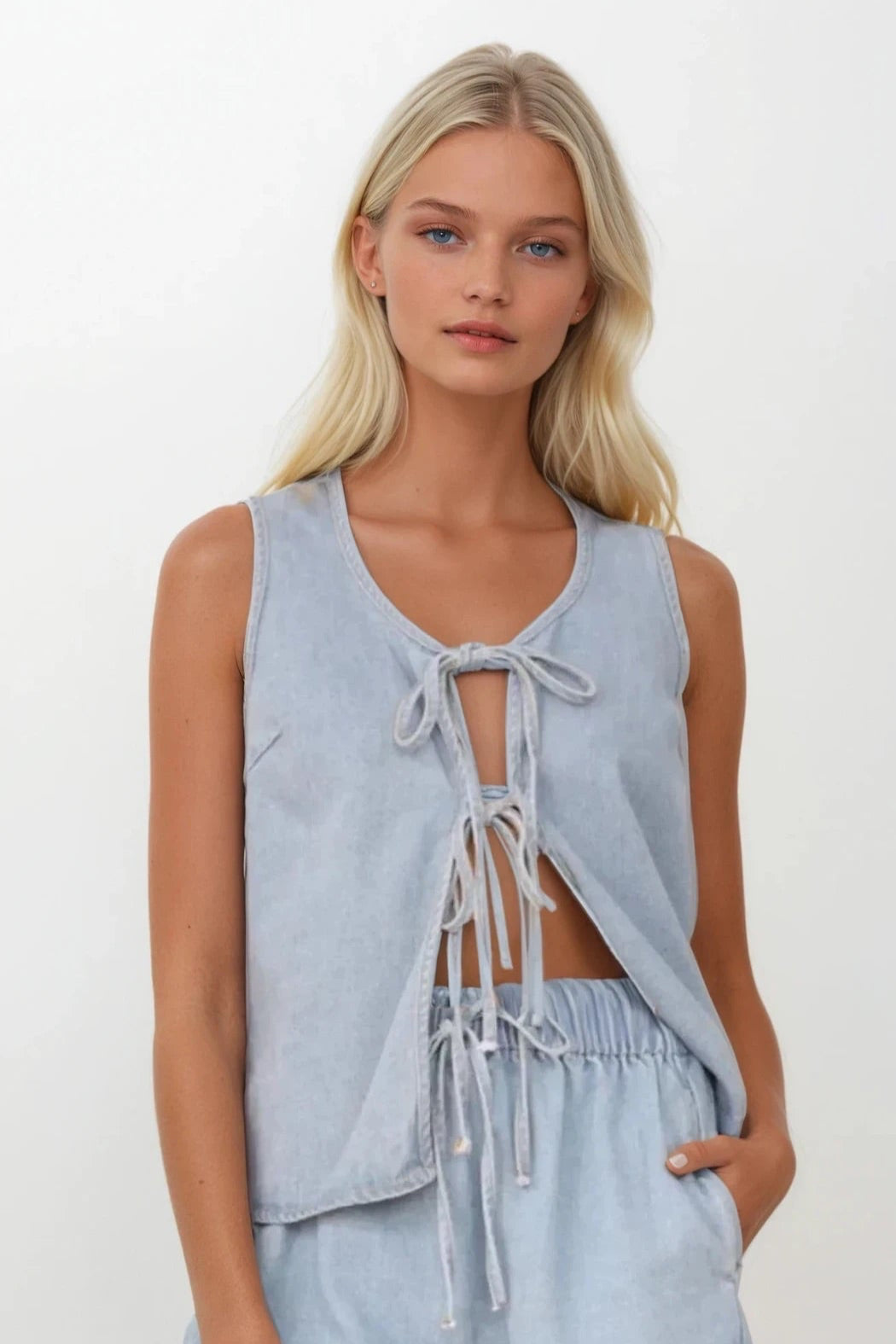 Tied Front V-Neck Vest and Shorts Denim Set