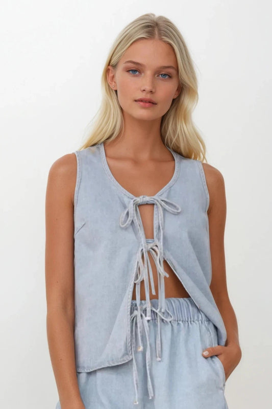 Tied Front V-Neck Vest and Shorts Denim Set