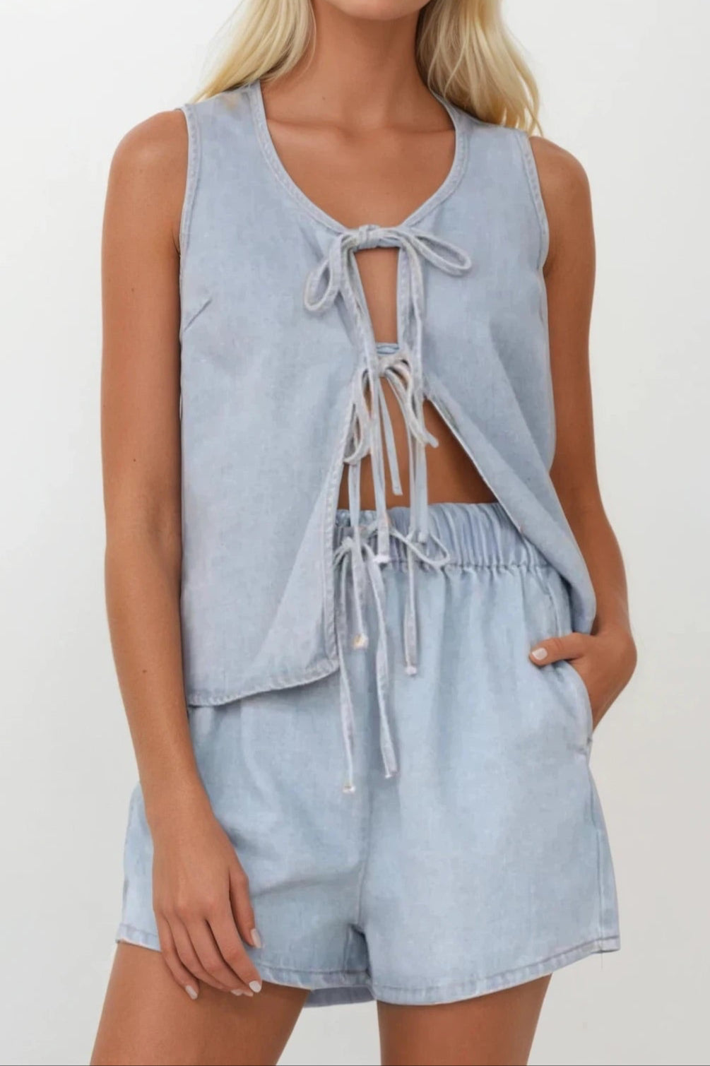Tied Front V-Neck Vest and Shorts Denim Set