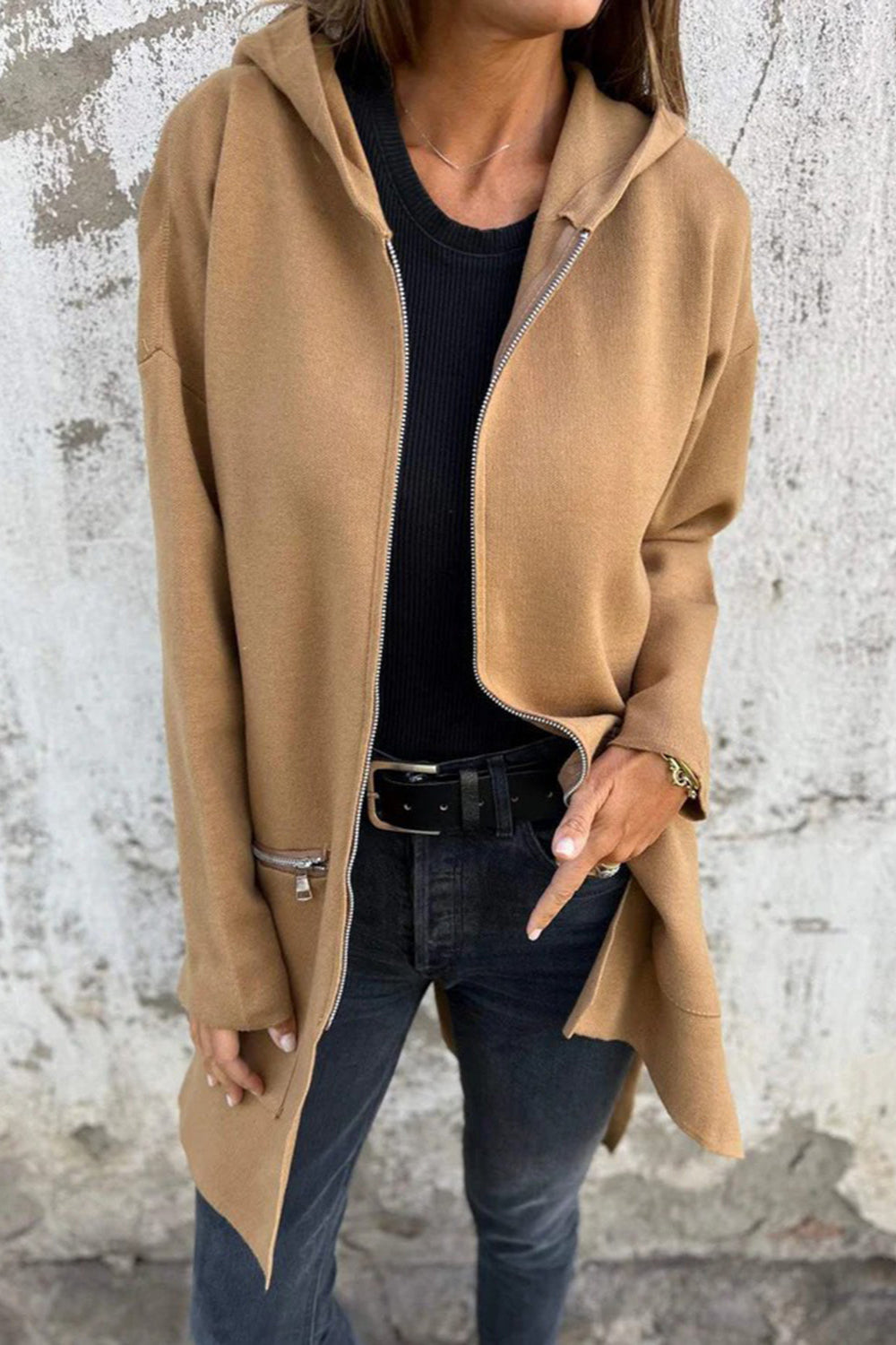 Zip Up Drop Shoulder Longline Hooded Jacket