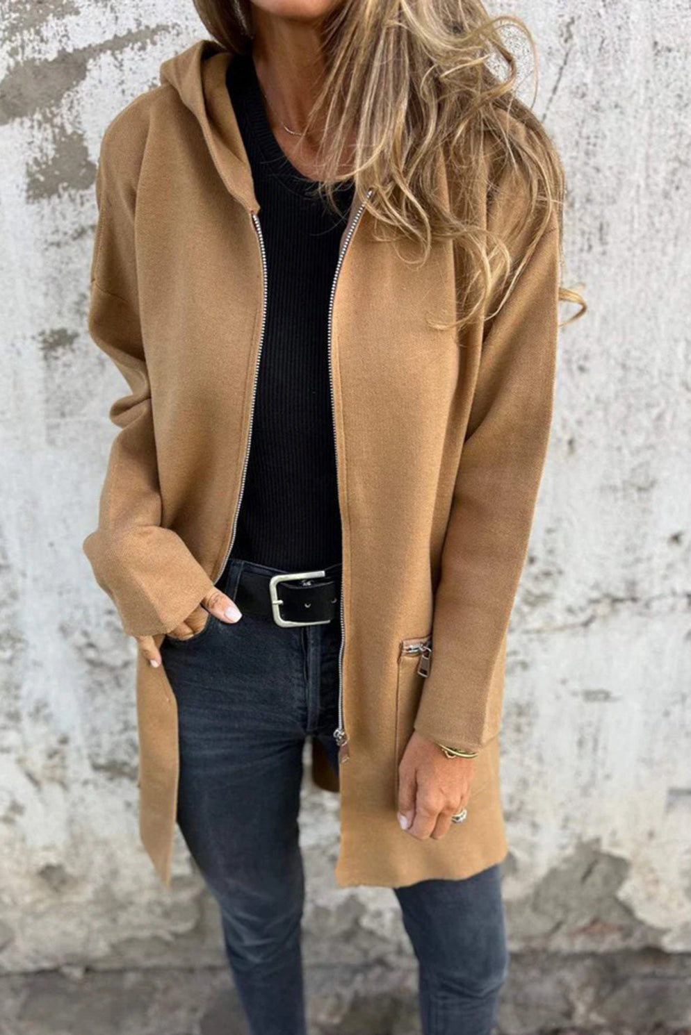 Zip Up Drop Shoulder Longline Hooded Jacket