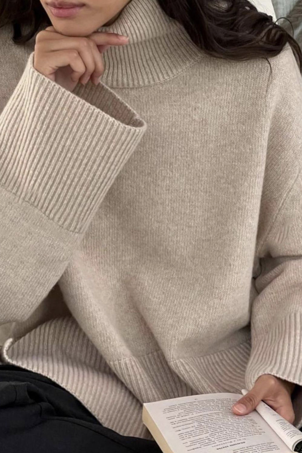 Side Slit Turtleneck Drop Shoulder Sweater