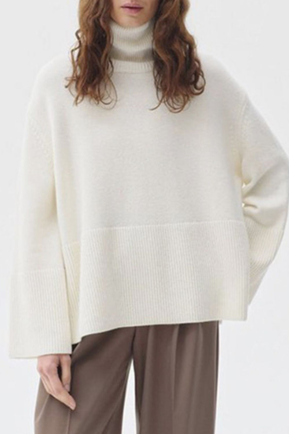 Side Slit Turtleneck Drop Shoulder Sweater