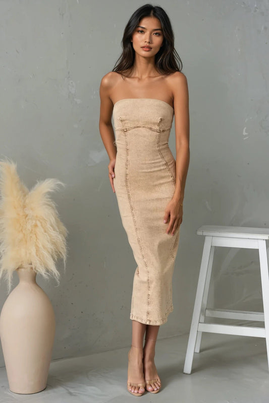 Washed Slit Back Tube Denim Dress