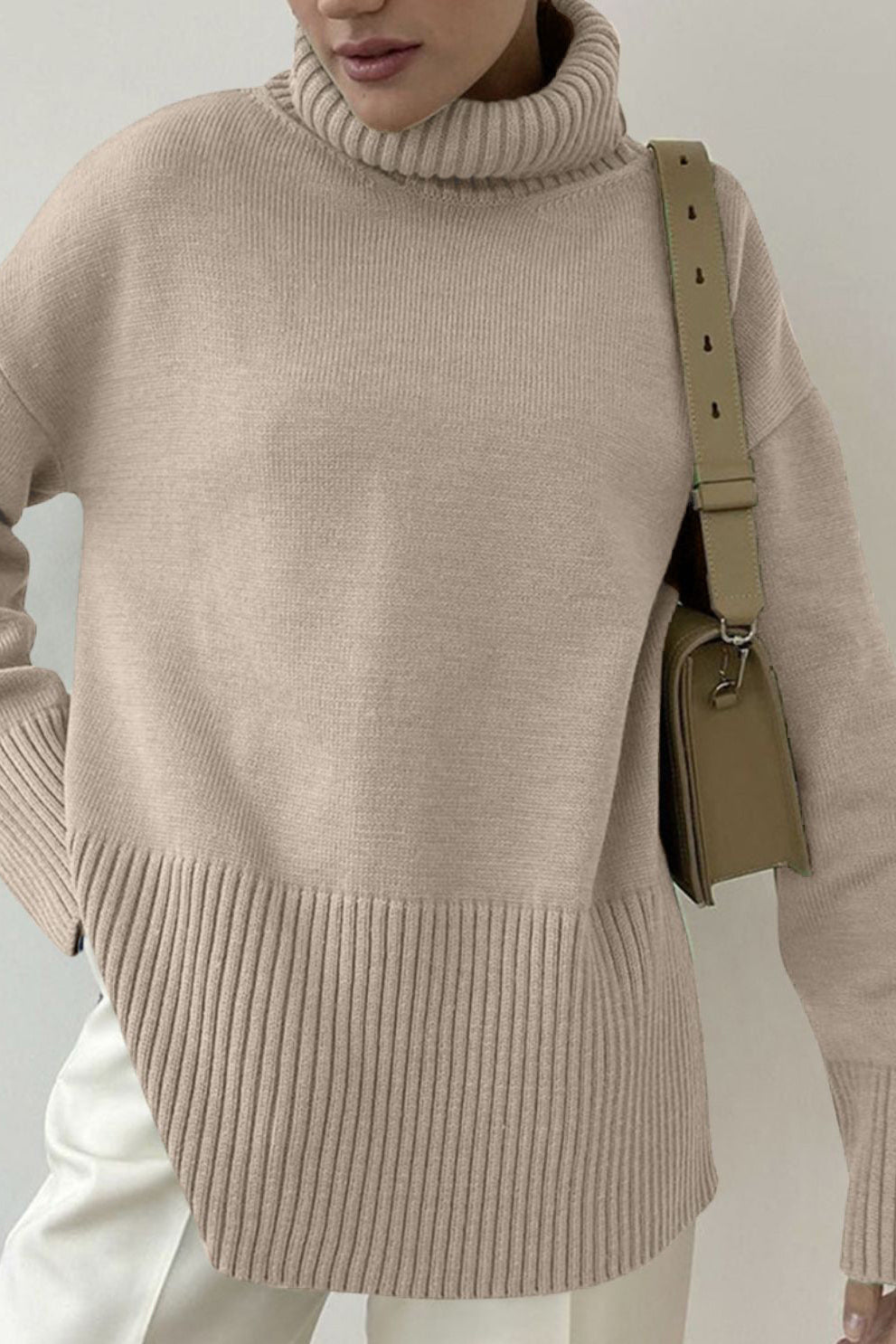 Side Slit Turtleneck Drop Shoulder Sweater