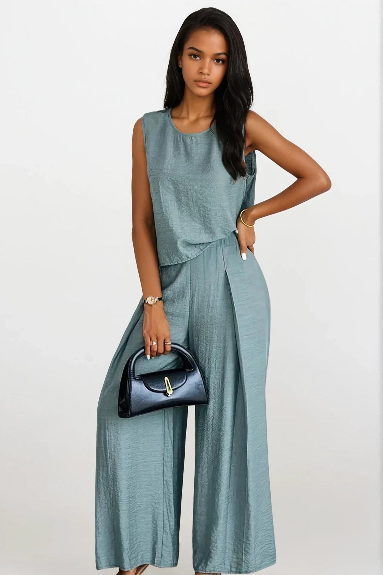 Round Neck Sleeveless Top and Wide Leg Pants Set