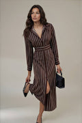 A woman models a brown and white vertically striped midi dress with a collar, button front, and matching belt. She is holding a small black handbag and black pointed-toe heels against a plain beige studio background.